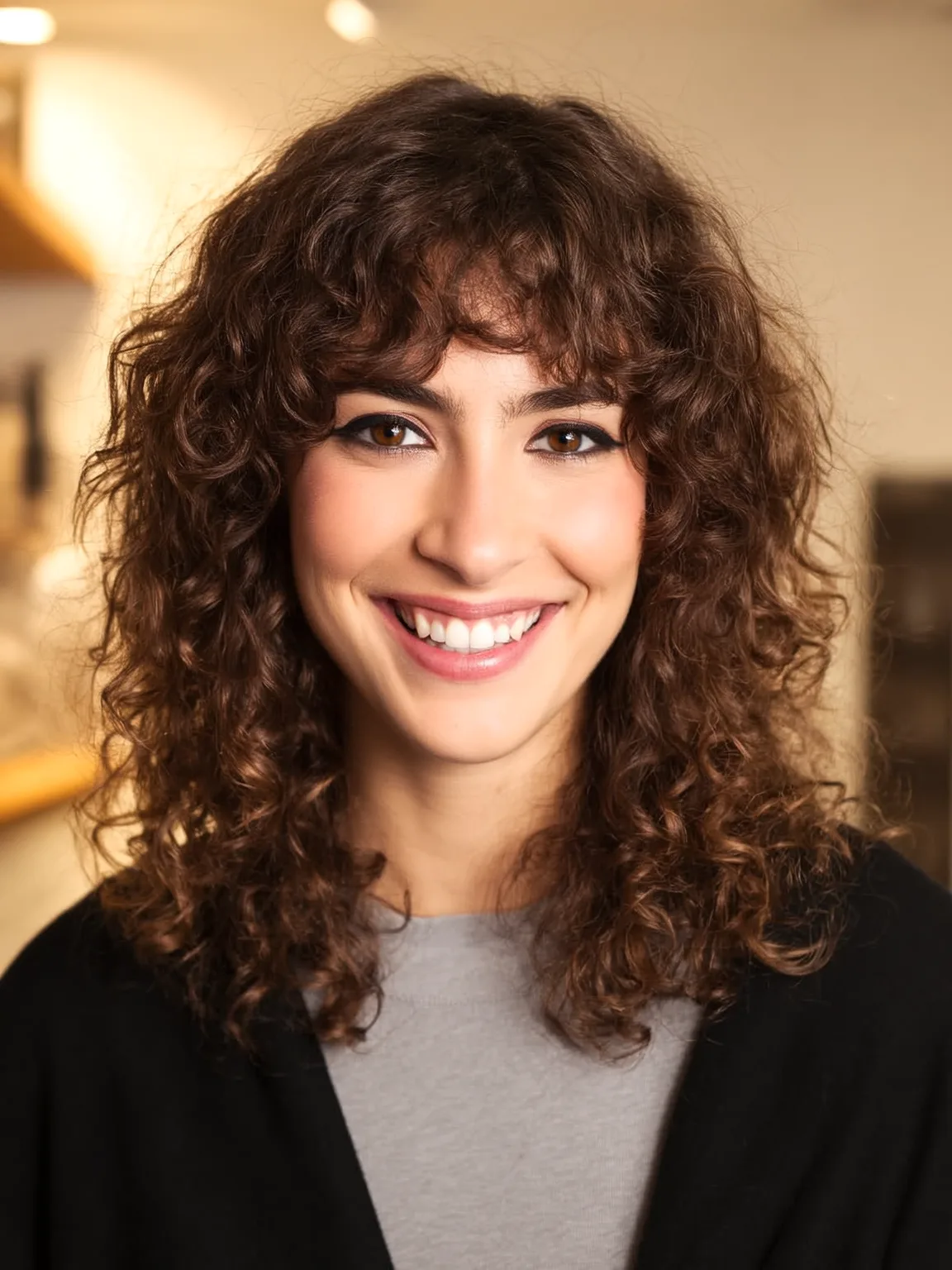 Curly Layers with Wispy Bangs in Chestnut Brown for Heart Shapes